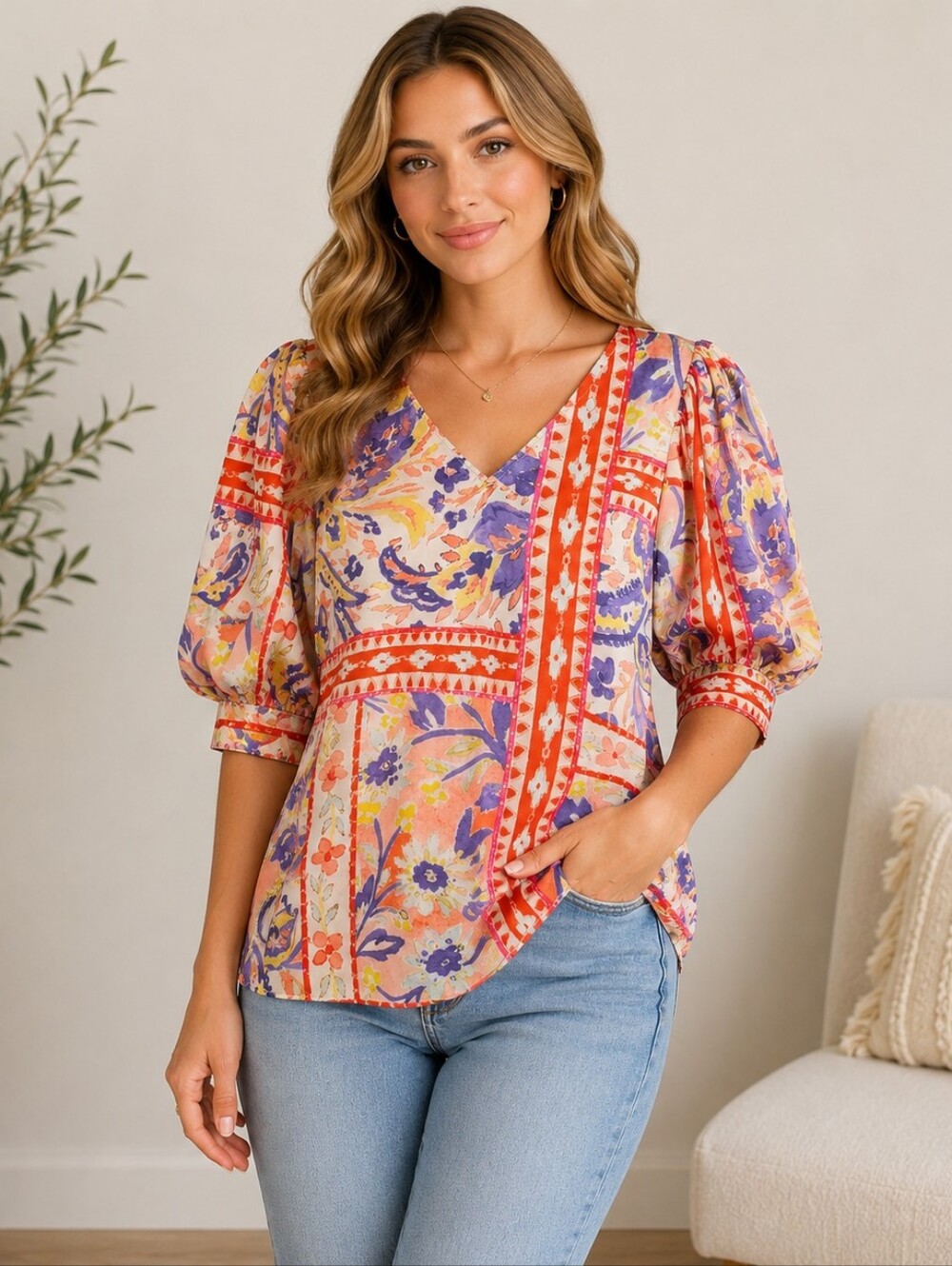 A-153 CeCe Floral Boho Puff Sleeve Blouse Medium Cottagecore Top